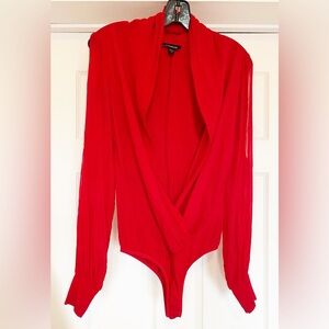 EUC bebe Red Silk Split Long Sleeve Bodysuit in Size Medium